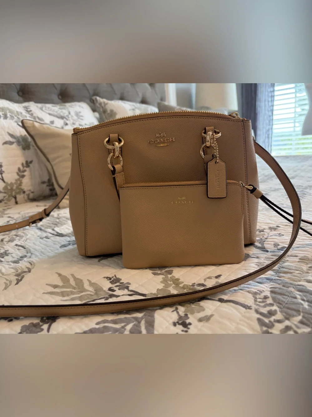 Coach Pebbled Leather Satchel in Beige with Gold Hardware with Matching Wristlet